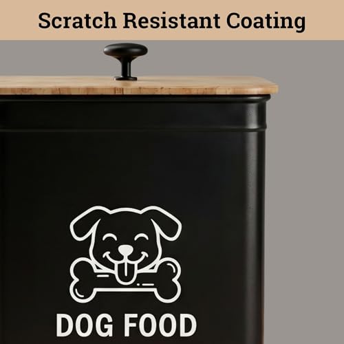 Metal Dog Food Container 5-7lb, 25 Cup w/ Airtight Bamboo Lid, Metal Handle | Pet Jar For Dogs up to 50lbs, Airtight Bamboo Lid, Sturdy Comfortable Metal Handle, Powder Coated Iron, Kibble Storage Bin - color: Black: Dog Face