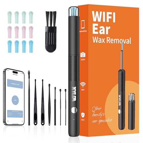 Xylla Ear Wax Removal Kit WiFi Ear Cleaner 1920P FHD Ear Camera,Ear wax remover with 8 PCS Ear Cleaning Kit,Ear Scope Otoscope with 6 LED Lights,Silicone Ear Wax Removal Tool for iOS & Android (Black) - color: Black