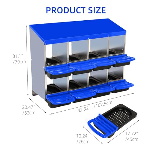 Chicken Nesting Boxes, 8 Hole Metal Chicken Laying Box with with Removable Trays and Roll Out Egg Collection for Chicken Coop, Blue - color: Blue, size: 46.3"L x 17.3"W x 10.8"H