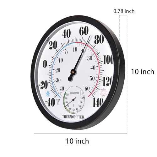 Indoor Outdoor Thermometer Large Numbers Wall Thermometer Hygrometer Waterproof Does not Require Battery 10 inch Wireless Hanging Hygrometer Garden Decoration (Black) - color: Black 10", size: 10 Inch