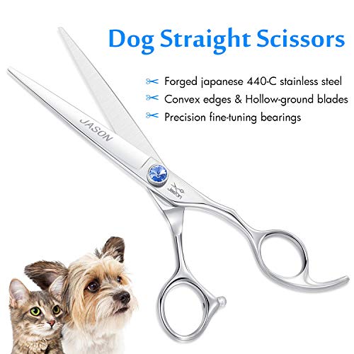 JASON Dog Grooming Scissors Shears - 7" Straight Ergonomic Pet Trimming Kit | Premium Cats Shear with Offset Handle and Jewelled Screw, Sharp, Comfortable, Gift - size: 7.0", style: Straight