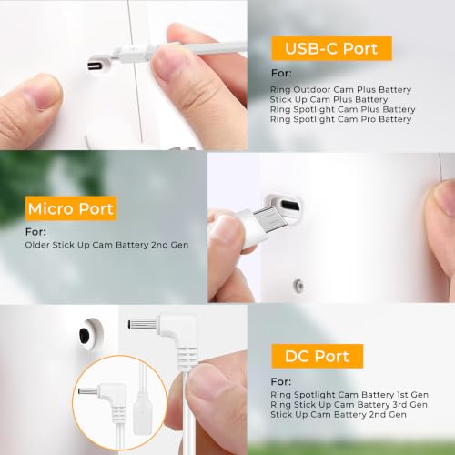 3-Pack 8W Solar Panel Chargers for Ring Cameras with 10FT Cables | Compatible with Stick Up Cam/Plus Battery, Spotlight Cam Plus/Pro Battery, Includes USB-C/DC/Micro Adapters, Stays Powered - color: White
