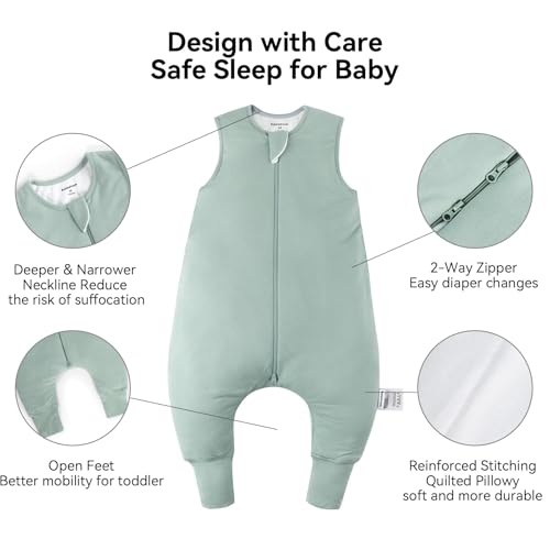 BubblePanda Rayon Made from Bamboo Sleep Sack with Feet 2t-3t 2.5 Tog | 24-36 Months Toddler Sleep Sacks with Legs, Soft Walker Sleeping Sack, Baby Wearable Blanket, 2-Way Zipper, Sage, Large - color: Sage, size: L(2-3T)