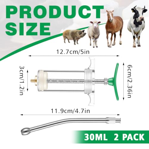 Threlaco 30ml 2 Pcs Drench Gun for Goats, Sheep & Cattle, Green | Reusable Small Goat Drench Syringe, Adjustable Veterinary Medicine Feeding Syringe, Continuous Dosing for Livestock, Horse - color: Green, size: 30ml