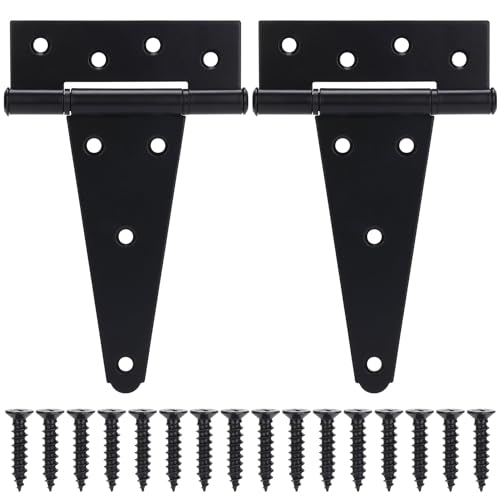 6 Inch T-Strap Gate Hinges, Shed Barn Door Hinges Heavy Duty, Black Tee Hinges for Wooden Fences, Yard Gate, Wrought Hardware Iron Rustproof (2 Pack/Set) - size: 6 Inch