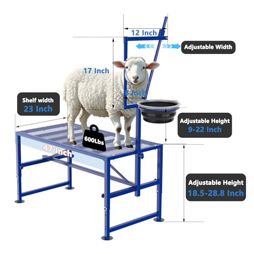 600 LBs Goat Stand with Feed Bin, Goat Milking Stand for Sheep Trimming and Milking, Hoof Trimming Stand Adjustable Size, with Feeder, Iron Blue - color: Blue, size: L - 47 inch