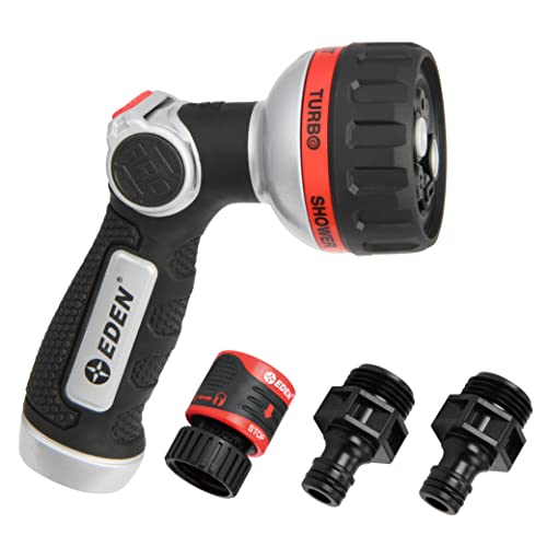 Eden 94814 Metal Thumb Control Heavy Duty Garden Hose Nozzle, Water Sprayer Nozzle with 6 Adjustable Watering Patterns, W/Quick Connect Starter Set for Plants, Lawn, Garden - style: Angled Thumb Control