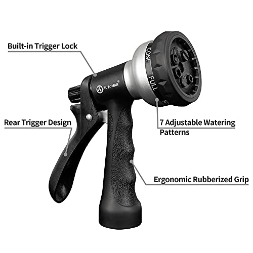 AUTOMAN-Garden-Hose-Nozzle, ABS Water Spray Nozzle, 7 Adjustable Watering Patterns, Slip Resistant for Watering Plants, Lawn& Garden, Washing Cars, Cleaning, Showering Pets & Outdoor Fun.Silver Color - color: Silver