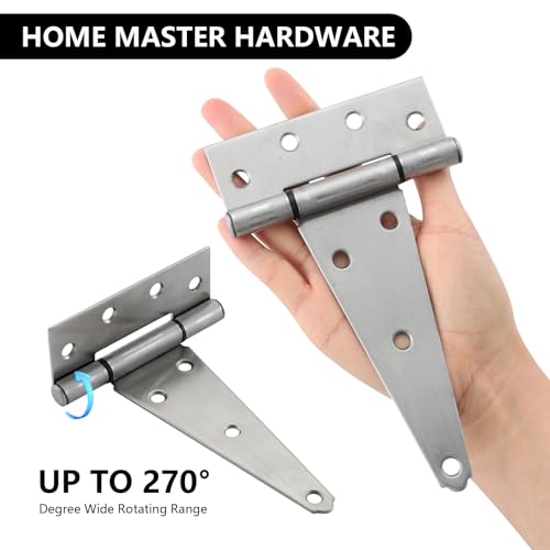 HOME MASTER HARDWARE 6 Inch Stainless Steel Gate Hinges for Wooden Fences Heavy Duty Tee Hinges,Shed Door Hinge,T-Strap Hinge for Outdoor Barns Gate with Screws 4 Pack | T Hinges for Outdoor Wood, Shed and Barn Door, 100LBS Capacity, Rotate 270 Degrees, I