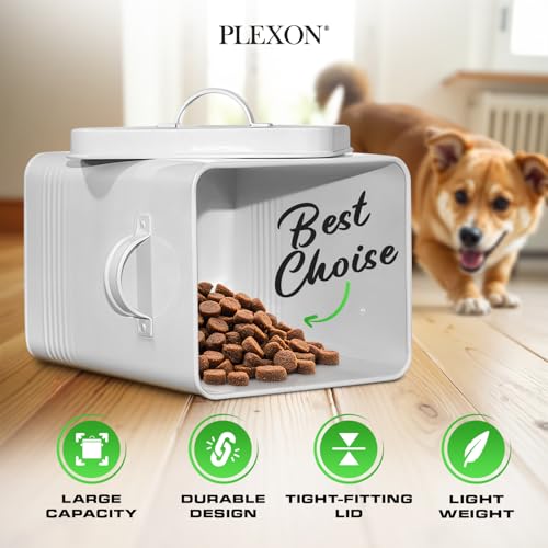 Plexon Metal Dog Food Storage Container with Scoop - Small Dog Food Container Holder Treat Jar Bin with Lid - Pet Chow Storage Canister Tin,1.5 Gallon, 7 lbs, White - color: White, 1.5 Gall Capacity