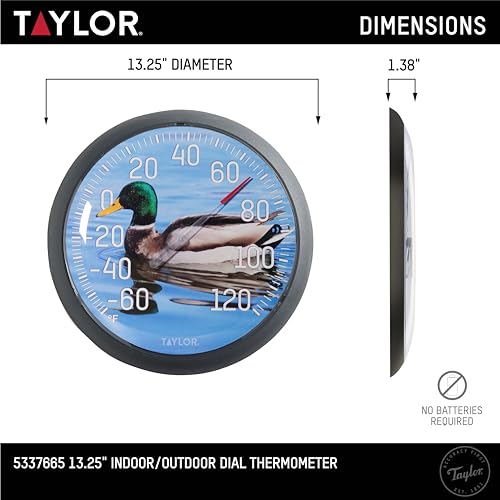 Taylor Duck Large Indoor Outdoor Dial Thermometer, Wireless Easy Read Big Numbers for Patio Pool Garden Garage Indoor Use, Weather Resistant 13.25 Inch Home Decor Outdoor Temperature Gauge, Blue - style: Duck