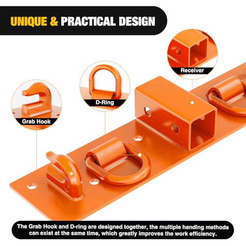 Nilight 3/8" Tractor Bucket Grab Hooks 1/2" D Rings & 2" Receiver Orange | With 1/2" Tie Down Ring Grade 70 Forged Steel Bolt-On for John Deere Compact Tractor Bucket RV UTV Truck Max 4700LBS - color: Grab Hooks w/ Ring/Receiver Orange