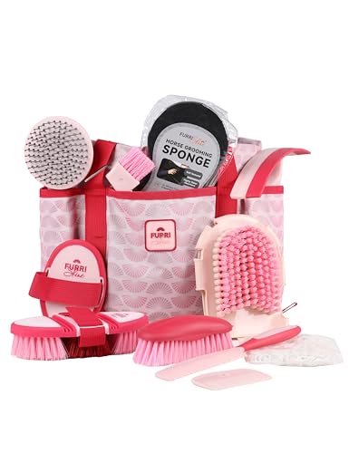 11-Piece Horse Grooming Kit with Waterproof Tote Pink Garnet | 10 coordinated horse grooming tools with comfort-grip designs and a spacious waterproof tote for complete horse grooming - color: Pink Garnet