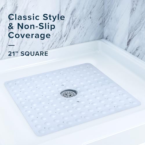 SlipX Solutions 21"x21" Mildew Resistant Non Slip Shower Stall Mat, White | Soft Durable Rubber Underfoot, Anti Mold, 140 Power Grip Suction Cups, Center Drain Hole - color: White