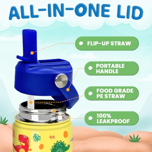 Dinosaur Kids Water Bottle - 12 Oz Insulated Stainless Steel - Straw Lid for Toddlers & Kids - School & Sports Travel Cup - color: Dinosaur 2