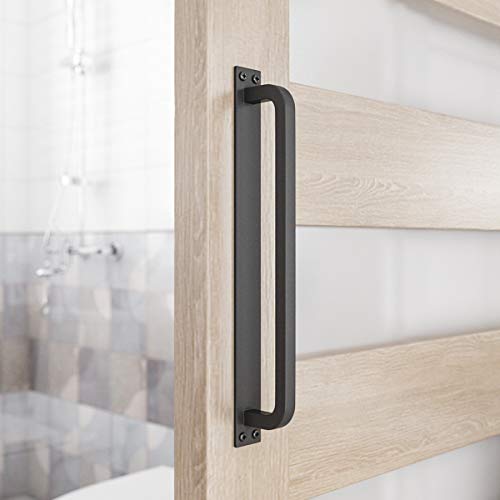 SMARTSTANDARD 12" Barn Door Handle, Black Flush Square Base Handle Pull | Solid Steel Frosted Black Surface, Heavy Duty Antique Rustic Handmade Barn Door Handle for Gate, Garage, Sheds
