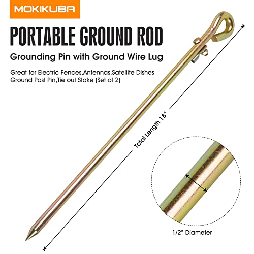 MOKIKUBA- Portable Ground Rod - Grounding Pin with Ground Wire Lug | Great for Electric Fences,Antennas,Satellite Dishes,Ground Post Pin,Tie out Stake (Set of 2) - style: Set of 2
