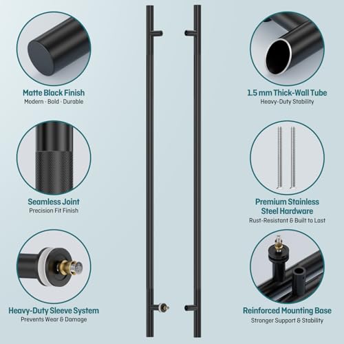 Ranbo 72" Knurled Door Pull Handle, 60"(1524mm) CTC, Matte Black | Heavy Duty 1.5mm 304 Stainless Steel, Back to Back Pull Handles for Interior/Front /Barn/Commercial/Entrances, Enhanced Grip - size: 72 Inch