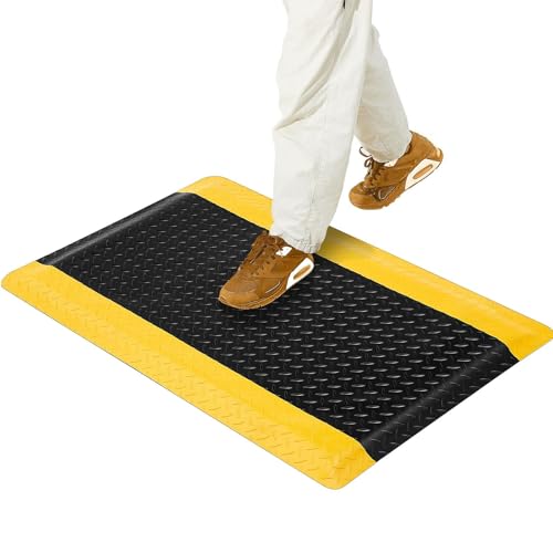 Timgle Anti Fatigue Mat 23.6" X 35.4", Diamond Plate Non Slip, 7/8" Thick | Heavy Duty Vinyl for Industrial Work Stations, Ergonomic Cushion Relieves Fatigue, Warehouse Factory Floor, Yellow Border - size: 36"L x 24.2"W x 0.8"Th