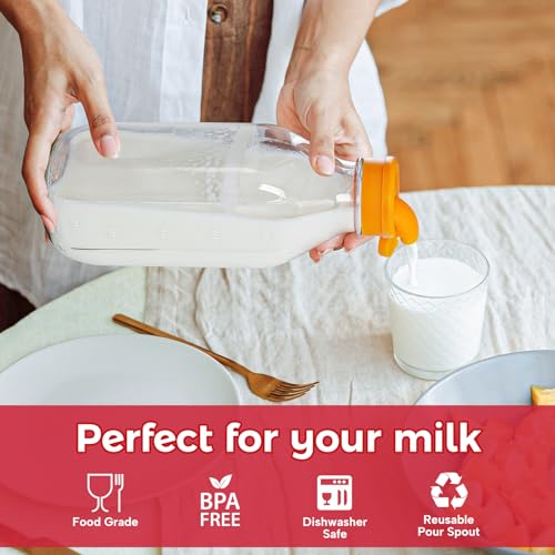 32 oz Glass Milk Bottles with Lid & Silicone Dispenser Cap, 2 Pack | Airtight Screw Lid, Leak-proof Design, Scale Markings for Breastmilk Storage, BPA-free Glass, Reusable, Fridge-safe