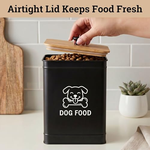 Metal Dog Food Container 5-7lb, 25 Cup w/ Airtight Bamboo Lid, Metal Handle | Pet Jar For Dogs up to 50lbs, Airtight Bamboo Lid, Sturdy Comfortable Metal Handle, Powder Coated Iron, Kibble Storage Bin - color: Black: Dog Face