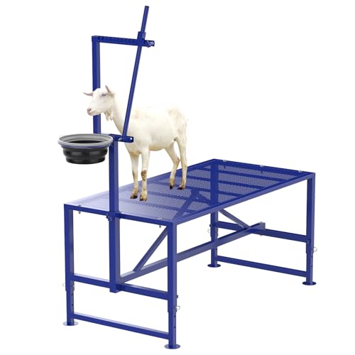 Goat Milking Stand with Feed Bin, 400LBs Goat Stand for Sheep Trimming and Milking, Hoof Trimming Stand Adjustable Size for Pygmy, Dwarf Goats, Iron Blue - color: Blue, size: M-35*18 Inch