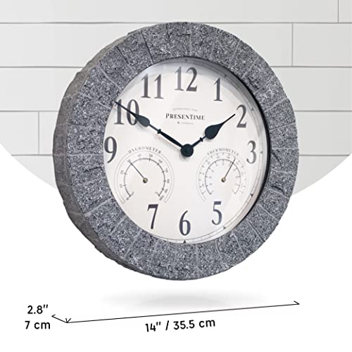 Sandstone Outdoor Clock | Weather Station with Thermometer & Hygrometer, 14", Gray Sandstone Finish, Outdoor Wall Décor