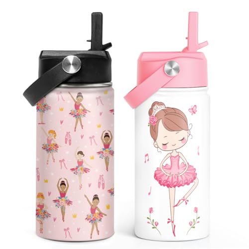 SANDJEST Ballet Kid 12oz Water Bottle with Straw Lid - 2-Pack Insulated Stainless Steel Water Bottles for Kids Girls - Travel Cup for School Sports - color: Ballet + Ballet (2 Pack)