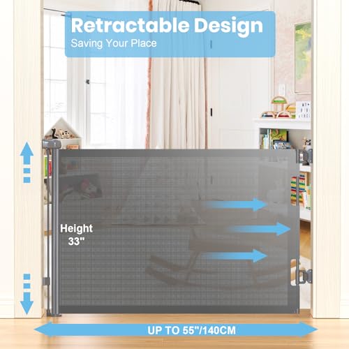 HAMOPY Retractable Baby Gate, 33" Tall, Extends up to 55" Wide, Durable Auto-Lock Baby Gates for Stairs, Mesh Dog Gate and Child Safety Gates for Doorways, Hallways, Indoor, Outdoor(Grey) - color: Gy-1