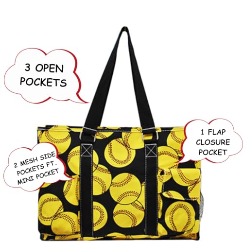 NGIL Utility Water Resistant Tote Bag | Work Tote for Women, Nurse Bag, Teacher's Choice Purse, Gym Bag, Everyday Organizer Top Zipper Closure - color: Softball-black
