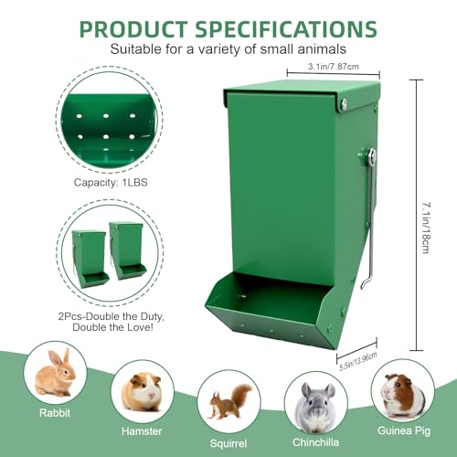 2 Packs Hay Feeder Rabbit, Metal Small Animal Feeder with Lid & Mesh Bottom, 3.1 Inch 1 LBS Capacity, Gravity Food Dispenser for Guinea Pigs Chinchillas, Cage or Outdoor Use, Green - size: 3.1 Inch (2Pcs)