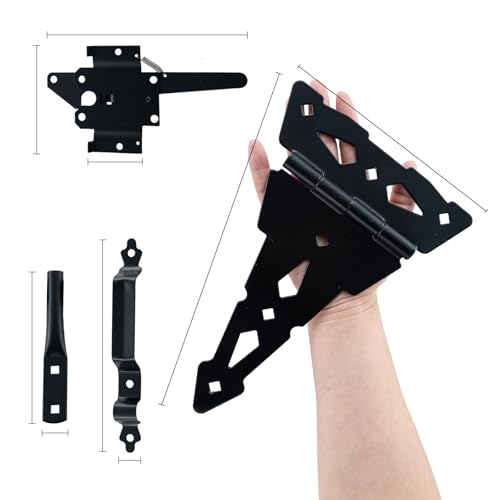 WellMade Heavy Duty Wood Gate Kit,8 Inch Decorative T Hinge and Spring Loaded Latch Gate Kit with Screws for Wooden Fence Shed Storage Gate Barns,Black Finish