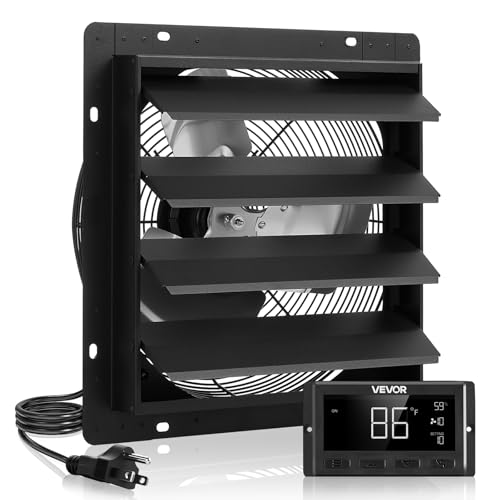 VEVOR 14 inch Exhaust Fan, Wall Mounted Attic Fan with Variable Speed, Temperature & Humidity Controller, 2000 CFM, Automatic Shutter | 2000 CFM Wall Mounted Attic Fan Automatic Shutter, EC Motor & Timer, Ventilation Cooling for Garage, Greenhouse, Shed,