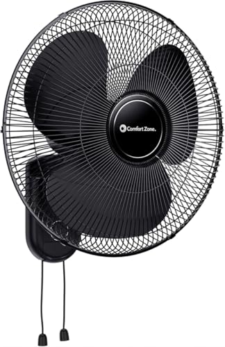 Comfort Zone 16-Inch Oscillating Wall Mount Fan – Quiet 3-Speed Indoor Fan with 60° Adjustable Tilt, Pull-Chain Control & Durable Metal Grille – Space-Saving Cooling for Home, Office, & Greenhouse