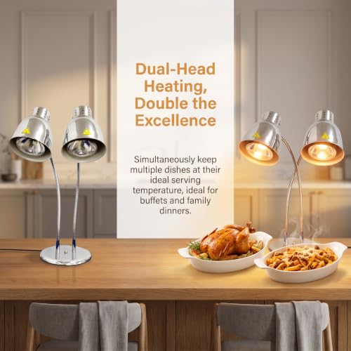 Food Heat Lamps with Dual 250w Bulbs Food Warmer Lights Food Heating Warmer Lamp Restaurant Kitchen Buffet Warmer Table (Double Head)