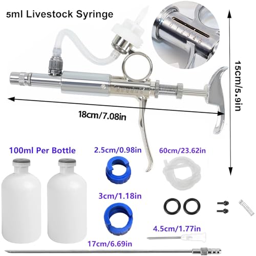 5ml Stainless Steel Livestock Syringe Adjustable Injection Gun with Needle | Multi-Use for Cattle Horse Sheep Pig & Poultry