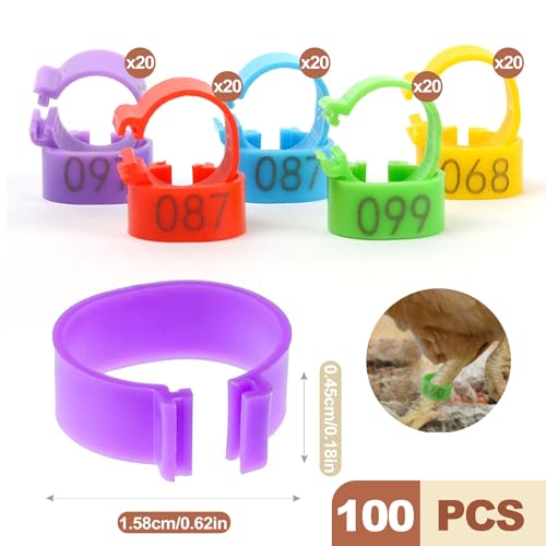 100 Pcs Chicken Leg Bands 16mm Colorful Numbered Poultry Tags for Identification Clip on Leg Rings for Ducks Chicks Goose Gamefowl Turkey Birds