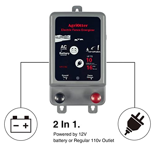 Electric Fence Energizer 40 Acre 10 Miles 2 in 1 Powered by Battery or AC Outlet 12000V 2J Pulse Electric