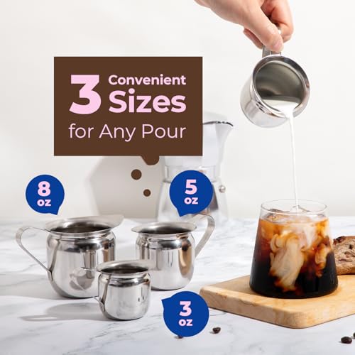 Fit Meal Prep [6 Pack] 5 oz Creamer Pitcher - Stainless Steel Bell Creamers, Mini Cup Container for Serving Milk, Coffee Cream, Salad Dressing, Maple Syrup, Espresso Machine for Restaurant, Cafes - size: 5 oz
