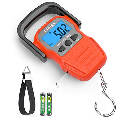 HEETA Fish Scale Digital Fishing Luggage Weight Scale with Measuring Tape | Up 110lb/50kg Portable Hanging Scale with Backlit LCD Display for Home Farm Outdoor Hunting Fishing, 2 AAA Batteries Included - color: Orange