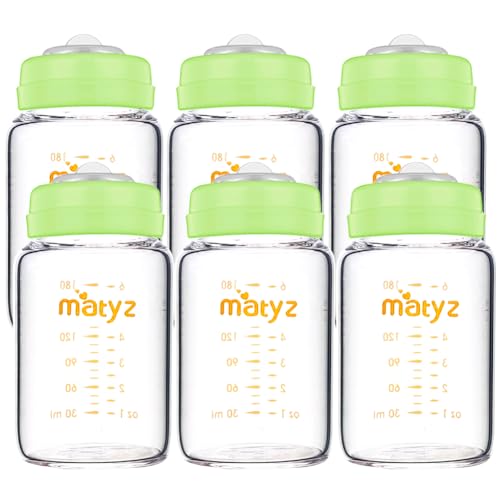 Matyz Glass Breastmilk Storage Bottles, 6 Pack, 6 oz, Compatible with Spectra Medela Breast Pump - Store, Freeze, Warm Up Milk Well - Wide Mouth Breastmilk Storage Containers - No BPA (Green Lids) - color: [Pack of 6] Green Lid - 6 Ounce Clear Borosilicat