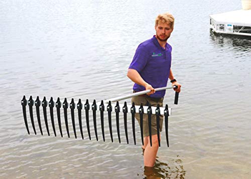 Rake Zilla | Extra-Large Heavy-Duty Lake and Pond Aquatic Weed Rake – 40" Wide Head with 9" Tines | Includes Detachable Float Kit & 25 ft Rope for Scooping, Skimming, and Easy Cleanup in Lakes & Ponds - size: 11 ft handle