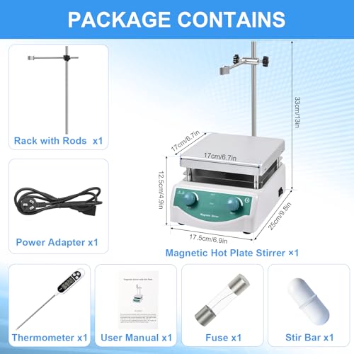 Magnetic Stirrer Hot Plate, Mixer with 5L Stirring Capacity, Up to 520°F, 0-2000 RPM Adjustable Speed, 6.7 x 6.7 inch Hot Plate, Includes Magnetic Stir Bar & Support Stand