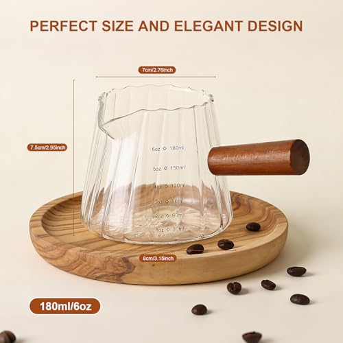 Espresso Measuring Cup, 6 Oz Espresso Shot Glass with ML Scale | Espresso Cups with V-Shaped Spout & Wood Handle, Heat-resistant Borosilicate Glass Pitcher for Coffee, Milk & Syrup - color: 1 pcs