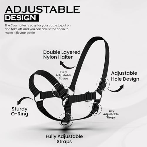 Adjustable Nylon Cow Halter | Calf Halter one Halter for (1 Year to Full Size) Easy Adjustable Straps elimates the Need of Ill-Fitting Cattle Halter - color: BLACK