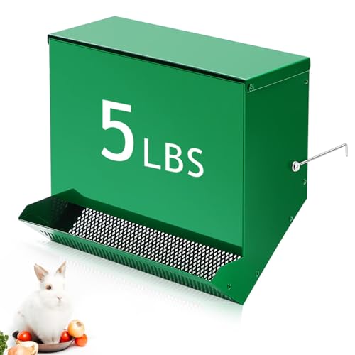 No-Waste Metal Rabbit Feeder for Cages, Large Hanging Food Dispenser with Mesh Bottom & Lid, Holds 5lb Feed for Several Days, Bunny & Small Pets