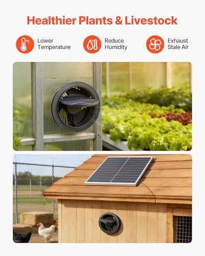 VEVOR Solar Powered Fan, 25W Solar Panel with 220 CFM Airflow, Adjustable Panel Angle, 2030 RPM High-Speed, Flexible Install, Fast Air Exchange for Greenhouse, Grow Tents, Chicken Coops, Shelters - size: 9.8" Fan×1 -25W