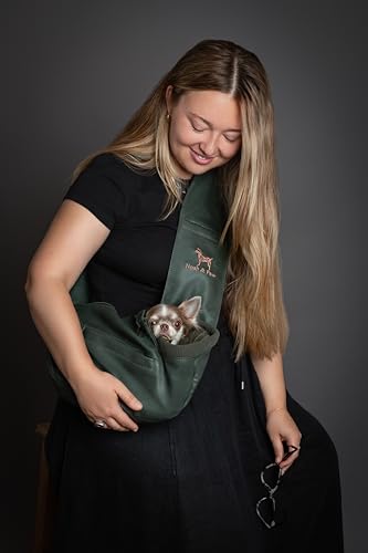 Noah & Paw Dog Sling Carrier for Small Dogs 3-10lb, Dog Sling for Small Dogs and Cats, Dog Carrier with Adjustable Padded Strap, Vegan Denim Lined with Fur, 3X Safety Features, Machine Washable - color: Dark Green, size: 15.0"L x 6.0"W x 5.5"H