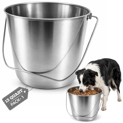 13 Quart Heavy Duty Stainless Steel Round Bucket with Arc Handle, Metal Feed Bucket, Water Pail for Dogs, Horses, Goats, Livestock, Farm & Kennel - size: 13 Quarts