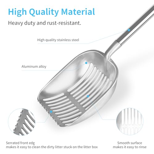 Cat Litter Scoop & Chicken Poop Scooper - Heavy Duty Stainless Steel Long Handle with Sifting Holes for Litter Box/Coop/Sand - Includes Poop Rake, (16.5-62.5")